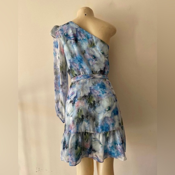 One Shoulder Blue Floral Print Alex Marie Chiffon Dress - Picture 4 of 5